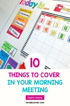 a calendar with the words 10 things to cover in your morning meeting, and an image of