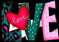 the word love is painted in pink, green and blue colors with an animal print