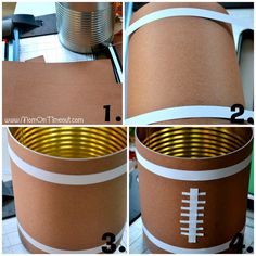 the instructions for how to make a paper football cup with gold foil and white tape