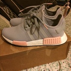 Solddead Stock 100% Authentic Onyx Grey And Pink Nmds. These Have Been Worn Very Few Times And Are In Absolute Perfect Condition No Stains Or Markings On The Outsides Whatsoever They Look Brand New Will Not Come With Original Box! Gray Boost Midsole Sneakers, Adidas Nmd, Grey Adidas, Boot Sandals, Adidas Shoes, Adidas Women, Womens Shoes Sneakers, Onyx, Original Box