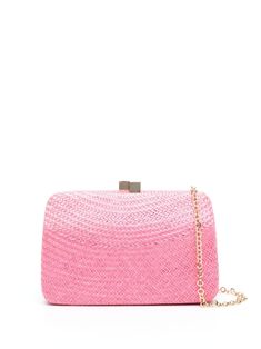 pink straw interwoven design detachable chain-link and cable-link shoulder strap main compartment internal slip pocket internal logo patch clasp fastening Pink Rectangular Clutch With Chain Strap, Pink Clutch With Chain Strap For Formal Occasions, Formal Pink Clutch With Chain Strap, Chic Pink Clutch With Chain Strap, Summer Formal Clutch With Chain Strap, Formal Summer Clutch With Chain Strap, Pink Evening Bag For Summer Formal Occasions, Pink Evening Bag For Summer Formal Events, Pink Formal Evening Bag For Summer