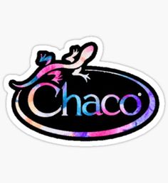 the chaco logo sticker is shown in black and pink with an image of a lizard