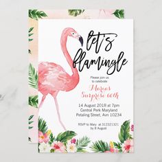 a pink flamingo birthday party card with flowers and leaves