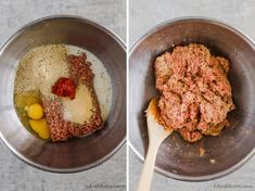 two pictures showing the process of making meatballs