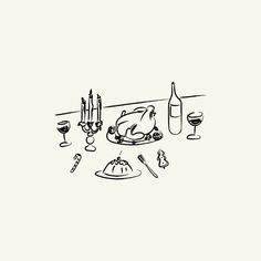 a drawing of a turkey on a table with wine glasses and utensils around it