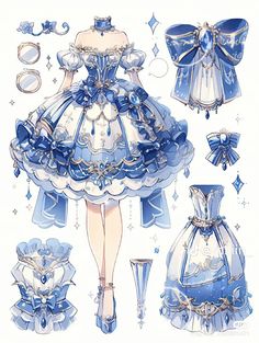 a drawing of a blue dress and accessories