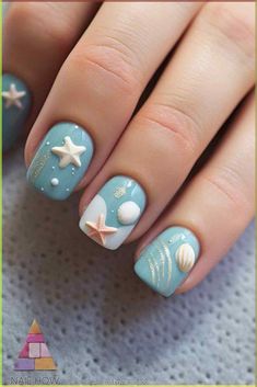 These adorable ocean-inspired nails are perfect for summer! With starfish and seashells against a soft blue background, you'll feel like you're at the beach every day. Discover more creative nail designs at nailhow.com. Aquatic Nails, Trendy Beach Nails, Mermaid Nail Designs, Cute Summer Nail Ideas, Summertime Nails, Mom Nails, Little Mermaid Nails, Cute Nail Ideas, Tropical Nail Art