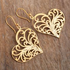 Heart-Shaped Gold-Plated Earrings - Flourishing Heart | NOVICA Filigree Dangle Jewelry For Anniversary, Elegant Heart-shaped Earrings For Gifts, Engraved Drop Earrings For Wedding, Elegant Engraved Dangle Earrings, Pierced Earrings As A Valentine's Day Gift For Her, Elegant Pierced Heart Earrings, Elegant Heart Shaped Earrings For Gift, Elegant Heart-shaped Earrings As Gift For Her, Ornate Filigree Earrings For Anniversary