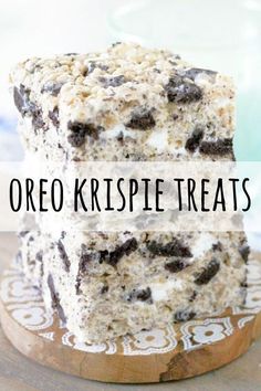 oreo krispie treats stacked on top of each other with the title overlay