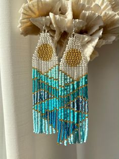 Beaded Chain Dangle Earrings For Beach, Dangle Beaded Earrings For Beach, Adjustable Beaded Chain Earrings For Beach, Adjustable Beaded Chain Earrings For Summer, Turquoise Beaded Earrings For Gifts, Turquoise Earrings With Beaded Chain, Turquoise Earrings With Beaded Chain And Round Beads, Turquoise Beaded Chain Earrings As A Gift, Turquoise Beaded Chain Earrings For Gift