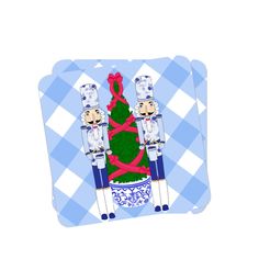 two nutcrackers standing next to a christmas tree on a blue and white checkered background