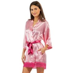 This Women's Cami and Shorts Pajama Robe Set from Ashford & Brooks is made out of an exceptionally lightweight silky poly fabric offering an ultra comfortable yet flattering fit. Kimono Bathrobe features: lace trim detail, 3/4 sleeves, side seam pockets, matching self-tie belt and attached inner tie, approx. 34 length. Pjs set features: v-neck neckline top with adjustable straps, lace trim detail with bow accent, approx. 21 (excluding straps). Boxers shorts with elasticized waist for easy pull o Bride Kimono, Satin Bridesmaids Robes, Short Kimono Robe, Bridesmaid Robes Floral, Satin Robes, Kimono Dressing Gown, Wedding Kimono, Satin Kimono, Satin Short