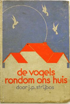 an old book cover with birds flying over the top of buildings and two red roofs