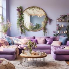 a living room filled with lots of purple furniture