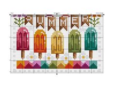 the cross stitch pattern shows three ice creams and two popsicles with words summer on them