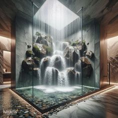 a bathroom with a waterfall in the center and rocks on the floor below it, surrounded by glass walls