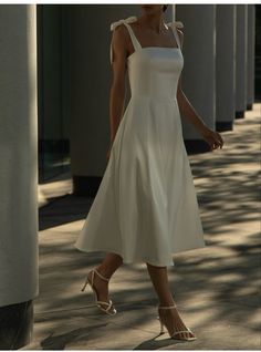 White Cocktail Dress Classy Midi, Grad Dress Mid Length, Formal Dresses Midi Elegant, Bow Tie Sleeve Wedding Dress, Champagne Rehearsal Dinner Dress, Rehearsal Dinner Dress Classy, Fit And Flare Dress Formal Midi, Satin Western Dresses, Elegant Graduation Dress Classy