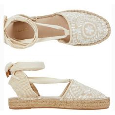 Natural Espadrille Style Sandal With Embroidery And Tie Around Ankle Laces. Embroidered Closed Toe Sandals For Beach, Embroidered Closed Toe Espadrilles For Summer, Embroidered Espadrilles For Summer Beach, Spring Embroidered Adjustable Sandals, Cream Ankle Strap Espadrille Sandals, Tan Strappy Heels, Womens Strappy Sandals, Aldo Sandals, White Platform Sandals