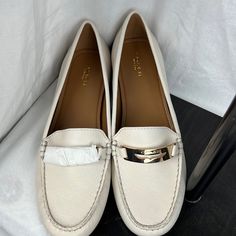 Size 10m Ivory Coach Shoes. New In Box. Elegant Coach Loafers For Formal Occasions, Elegant Coach Loafers For Office, Elegant Cream Loafers For Formal Occasions, Cream Loafers With Removable Insole For Formal Occasions, Elegant Coach Loafers With Flat Heel, Coach Elegant Formal Loafers, Formal Cream Loafers With Removable Insole, Elegant Cream Formal Loafers, Elegant Cream Loafers With Removable Insole