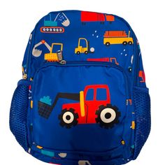 Mini Backpack Construction Blue Small With Compartments On Inside And Out. Cute Blue Backpack For Back To School, Fun Blue Backpack For Daily Use, Cute Blue Standard Backpack, Cute Blue Softback Backpack, Blue Fun Backpack, Fun Blue School Backpack, Fun Blue School Bag, Fun Blue School Bags, Casual Blue Bags