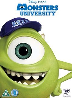 the dvd cover for monsters university with an evil green monster wearing a baseball cap and blue eyeliners