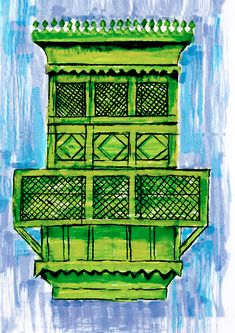 a drawing of a green building with many windows and balconies on the top