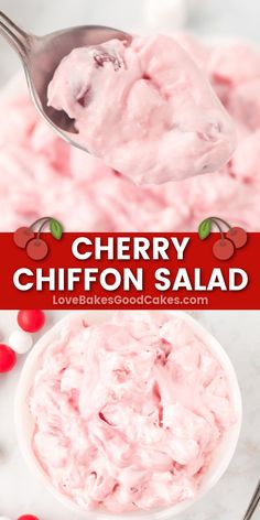 Cherry Chiffon Salad pin collage Cherry Chiffon Dessert, Cherry Salad Recipes, Quick Sides, Noom Meals, Fluff Salad Recipes, Ambrosia Fruit Salad, Easy Fruit Salad Recipes, Cherries Salad, Fluff Salad