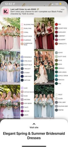 the color guide for bridesmaid dresses is shown on an iphone screen, and it shows