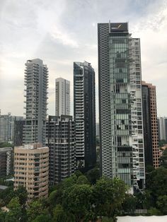 some very tall buildings in the city with lots of trees and bushes on either side