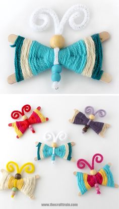 three different types of yarn and wooden pegs are shown in the shape of an animal