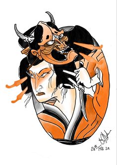 a drawing of two people with horns on their heads