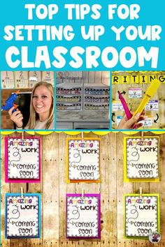 the top tips for setting up your classroom with pictures and words on it, including scissors