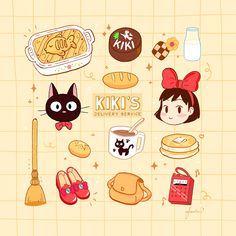 an image of some food and drinks on a tile background with the caption kiki's delivery service