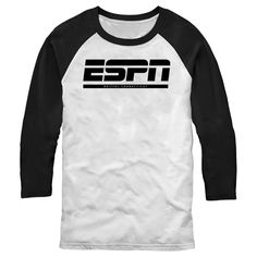 Calling all sports fans! You'll get drafted into great fashion with these officially licensed ESPN Bristol Connecticut Logo Black Men's Baseball T-Shirt for the whole family, watch along and root for all your favorite teams with your favorite sports network! This new men's tee features a distressed version of the iconic ESPN logo in black with "Bristol Connecticut" printed below. Shop this awesome apparel that is perfect for ESPN’s biggest fans! Black Streetwear Top With Front Logo, Black Tops With Front Logo For Streetwear, Black Top With Front Logo For Streetwear, Streetwear Top With Team Logo, Team Logo Tops For Streetwear, Black Fan Apparel Baseball Jersey, Black Varsity T-shirt For Fan Gear, Black Baseball Jersey For Fan Gear, Fan Apparel Black Baseball Jersey