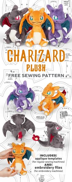 several different types of stuffed animals are shown in this image, with the text charizard plush free sewing pattern