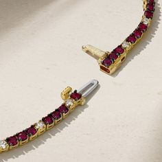 A tennis bracelet is something you'll find in any well-curated jewelry box, and our classic bracelet is an ideal choice for anyone who craves a splash of color and originality. Beautiful rubies are set throughout in groups of three while single diamonds are sprinkled in to add a touch of contrasting sparkle. It secures to the wrist with a push clasp fastening and two catches for added security. We recommend wearing yours solo or stacked alongside other thin line bracelets. Metal: 18kt Gold Ruby Weight: 2.00 ct. Diamond Weight: 0.48 ct. Measurements: 7.0" length *Please note that the listed ct. weights are approximate and may be subject to slight variations. Red Spinel, Rubellite Tourmaline, Classic Bracelets, Diamond Tennis Bracelet, Red Gemstones, Tennis Bracelet Diamond, Tennis Bracelet, Pure Color, Round Brilliant