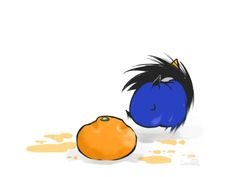 a blue bird standing next to an orange