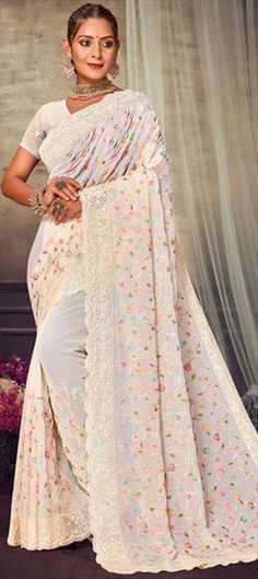 White and Off White color Saree in Georgette fabric with Embroidered, Resham, Thread work White Saree With Floral Embroidery For Receptions, White Embroidered Saree For Reception, White Georgette Embroidered Fabric For Reception, White Embroidered Fabric With Pallu For Reception, White Resham Embroidery Fabric For Wedding, White Wedding Fabric With Resham Embroidery, White Wedding Saree Fabric, Festive White Fabric With Pallu, Festive White Embroidered Fabric