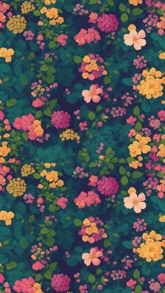 an image of colorful flowers and leaves on a dark blue background for wallpaper or fabric