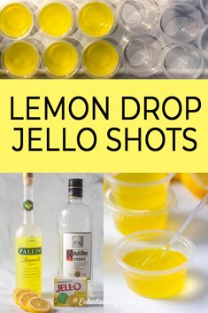 lemon drop jello shots in plastic cups and on the table are lemons, orange juice, and vodka bottles