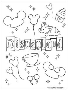 the word disneyland is surrounded by mickey mouse and other disney related items in black and white