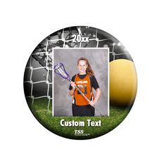 a girl holding a lacrosse ball in front of a goal net with the name custom text on it