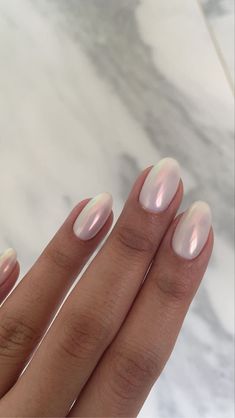 Chrome nails Chrome Nails White Pearl, White Crome Nails Almond Short, Nail Pearl Color, White Chrome Almond Nails Short, Pearly White Acrylic Nails, Chrome Pearl White Nails, White Nails With Pearl Chrome, White Pearly Acrylic Nails, White And Matalic Nails