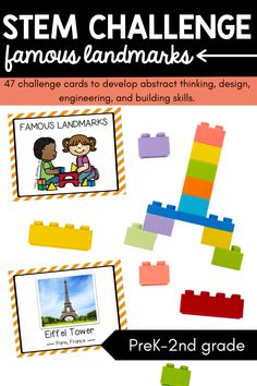 These 47 STEM building challenge cards use real pictures of famous landmarks from around the world to inspire kids to build those three sites and more. Stem Challenge Cards, Stem Activities Kindergarten, Stem Building, Kindergarten Stem, Easter Island Statues, Building Challenge, Giza Egypt