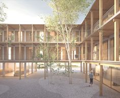 an artist's rendering of a courtyard with trees in the foreground and people walking around