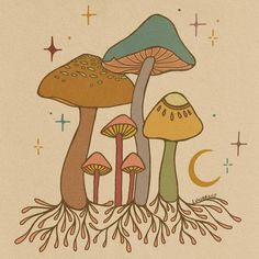 an illustration of mushrooms growing in the ground with moon and stars above them on a beige background