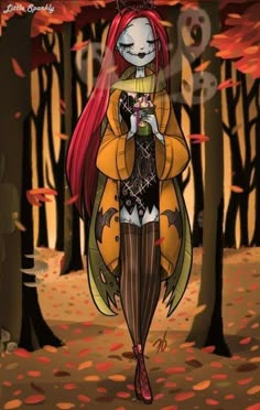 a cartoon character with red hair and an orange outfit holding a cup in the woods