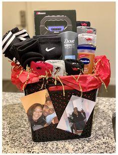 a gift basket filled with personal items on top of a table