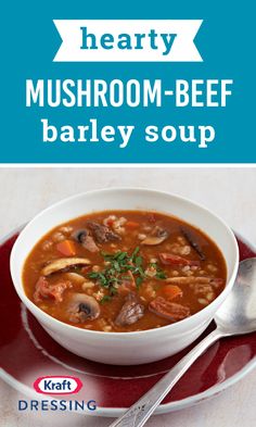 a bowl of mushroom beef barley soup on a red plate