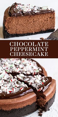 a chocolate peppermint cheesecake on a plate with a slice missing from it